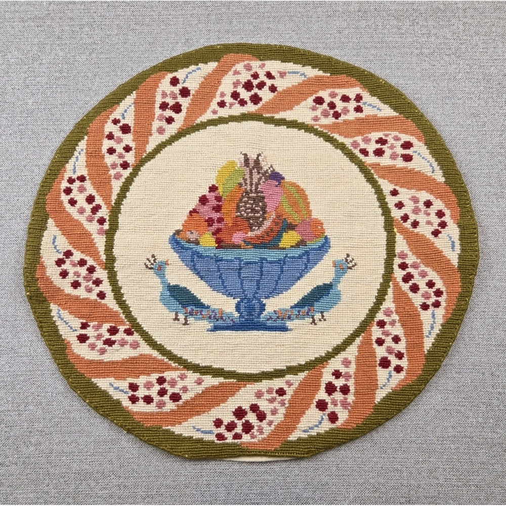 Vintage Handmade Greek Embroidered Peacock / Fruit Round Pillow Cover 19"